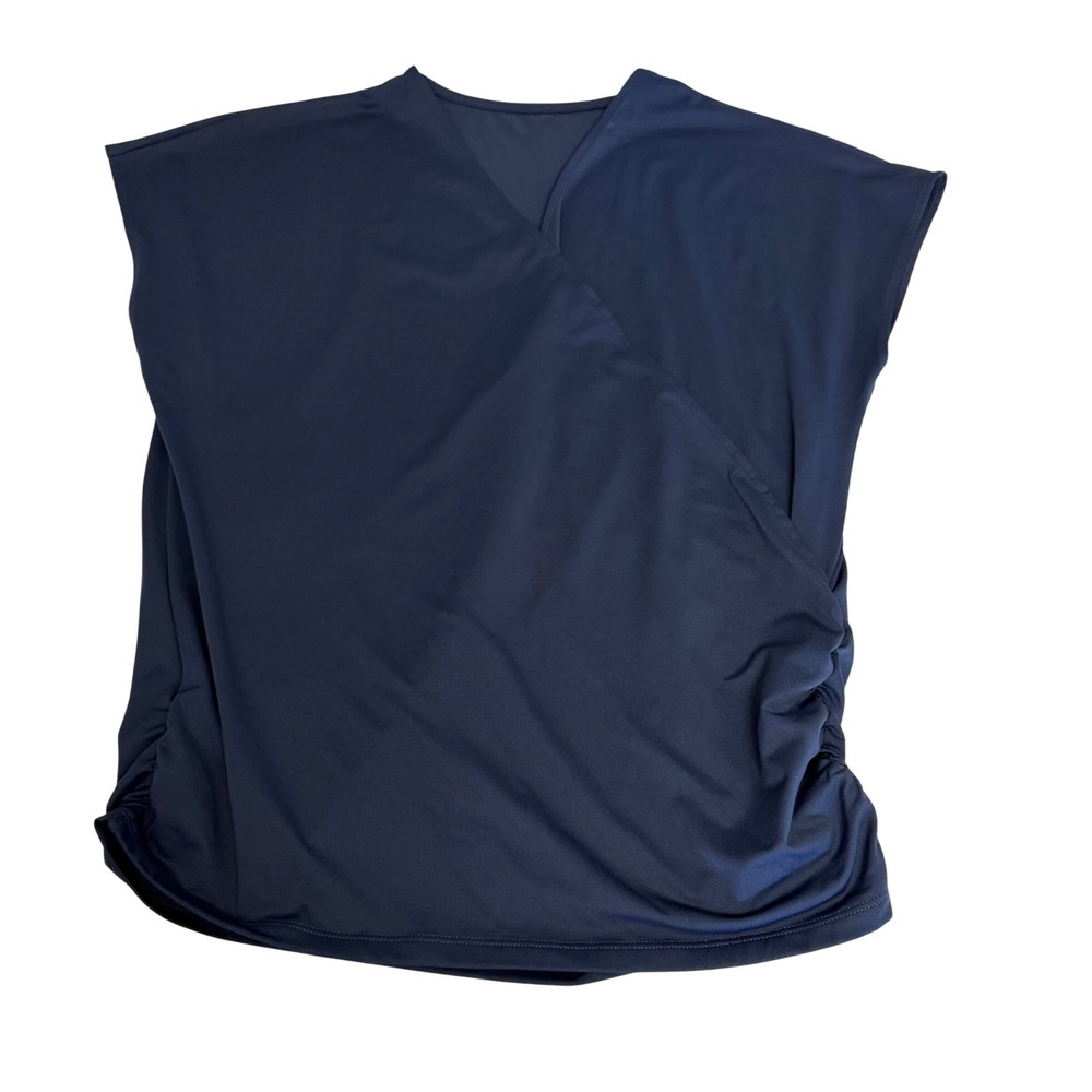 Halara Womens Navy Blue Faux Wrap Ruched Side Cap Sleeve V-Neck Top Size Large